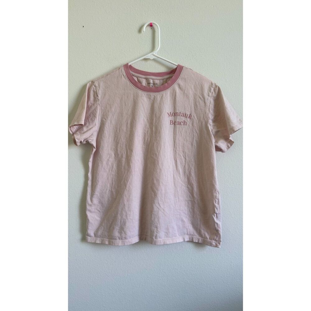 American Eagle Montauk Beach T Shirt Womens M Pink Ringer Tee 65 Coastal Preppy